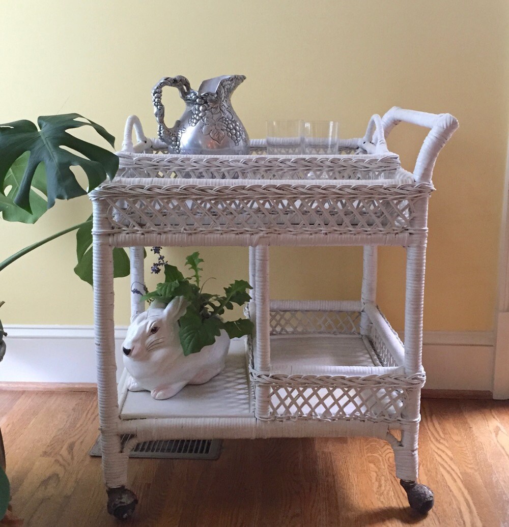 RESERVE Mary FVintage White Wicker Tea Cart with Removable