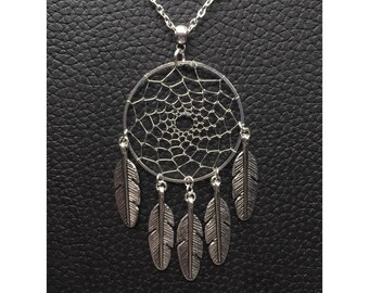 Silver dream catcher necklace with silver feather charms silver dreamcatcher