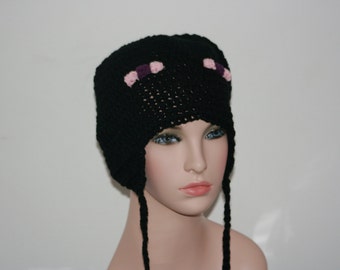 Enderman Minecraft 'Inspired' Crochet Earflap Hat. Pink and Purple Eyes. All sizes available. Great gift for Minecraft Enthusiast. Halloween