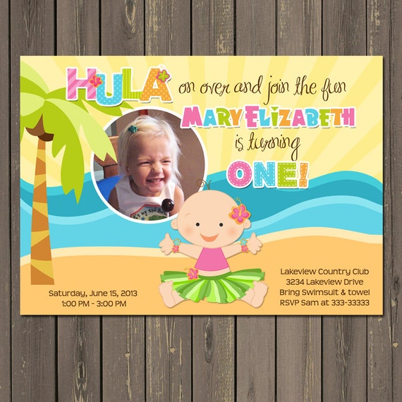 Luau 1st Birthday Invitation, Hawaiian Luau 1st Birthday, Baby Girl Hula Invite, Tropical, Summer Pool Party, Photo invite, printable or DIY Il_570xn