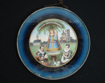 Religious antique catholic peinture of Holy Mary, Our Lady of Scherpenheuvel / Montaigu behind glass. ( 15 )