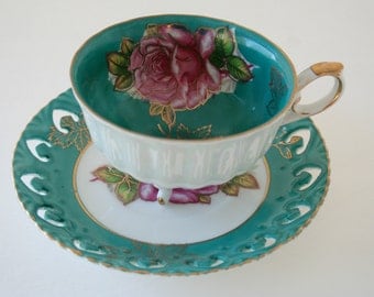 LM Royal Halsey Teal & Pink Rose Tea Cup and Saucer, 3 Footed Tea Cup Gold Gilt Pierced Saucer, Very Fine China