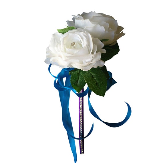 Flower Wand Two White Roses With Ribbon Wrapped Stem and Bow