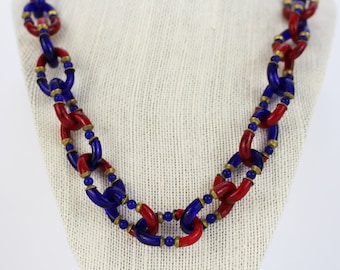 CHANEL Seguso Glass Chain Necklace - Vintage Chanel Necklace - 70s Red and Blue Murano Glass Link Necklace