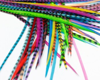 Real Feather Hair Extensions : 25 Short Skinny 7-9 inch Mixed Brights + Rings / Loop