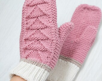 Women's Hand Knit Mittens / Handmade Mittens / Hand Knit Mittens / Wool Pink Mittens