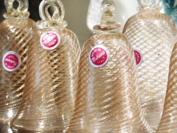Vintage Murano Bells Hand Blown Art Glass Made In Italy Italian Bells Swirl Gold Set of Six Christmas Wedding Table Cottage Home Decor Gift