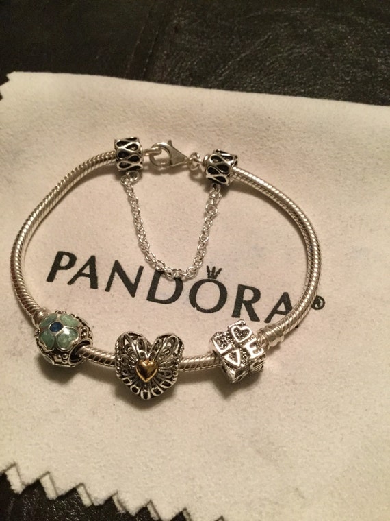 Authentic Pandora Bracelet mixed metals charms/safety chain