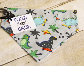 Dinosaurs on Skateboard Dog Bandana, Dinos Over the Collar Dog Bandana, Collar Accessory, Pet Scarf, Focus for a Cause