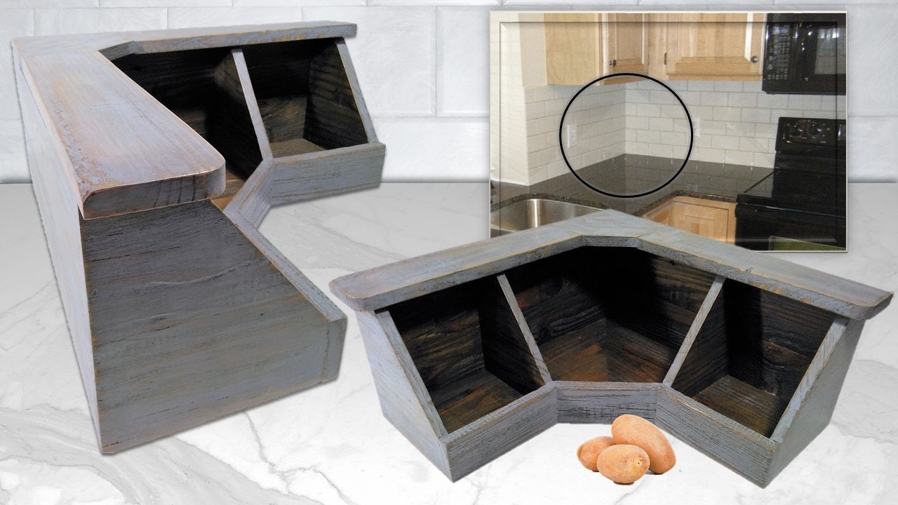 Reclaimed Wood Vegetable Corner Bin Kitchen Food Storage 3