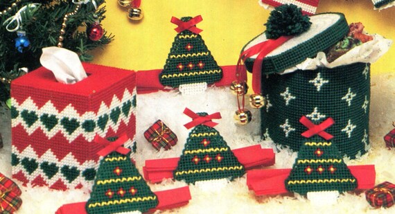 Santa tissue box cover christmas plastic canvas pattern only from a book #patternfromabo Items similar to Plastic Canvas CHRISTMAS DESIGNS - Tissue Box Cover, Napkin Rings, Angel