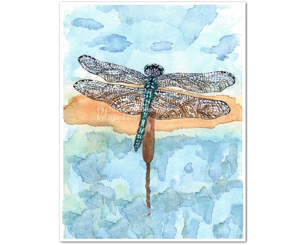 Blue Dragonfly Watercolor Art Print Modern Insect Art Nature