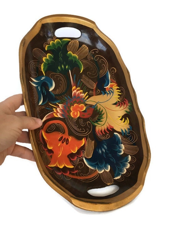 Hand painted wood tray vintage Russian folk art wooden platter