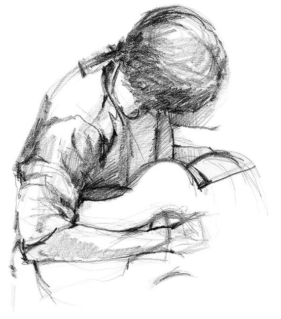 Guitar Player Rock Music Art Work Pencil Drawing of Male