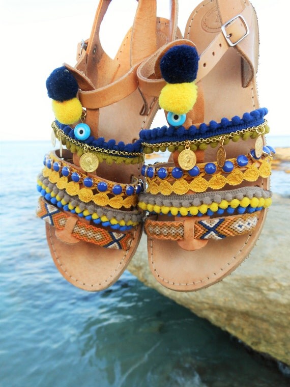 Items similar to KLEOPATRA Spartan Greek Leather Sandals with pom poms