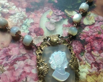 Great Gatsby,necklace with antique rosary MOP mother of pearl beads and an antique MOP cameo on Lalique glass