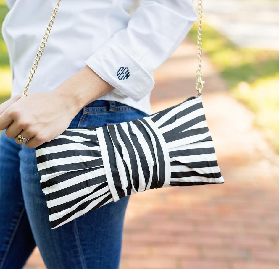 Striped Bow Clutch with Gold Chain Cross Body Strap | Navy or Black