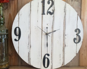 White Pallet Wood Clock - Wood and Metal Clock - Wooden Clock - White Clock - White Rustic Wall Decor - Large Clock - White Shabby Clock