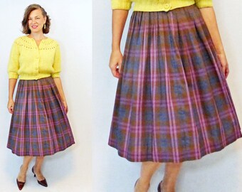 1950s Skirt / 50s Skirt / Plaid Skirt / 1950s Plaid Skirt / 50s Plaid Skirt / Pleated Skirt / Secretary Skirt / Linen Skirt / W 27"