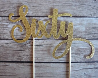 SIXTY Gold Glitter Cake Topper - 60th birthday cake topper, birthday cake decor, glitter gold cake topper, age cake topper