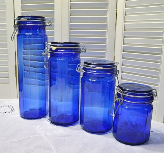 Vintage Cobalt Blue Glass Canister Set of 4 Wire and Bale