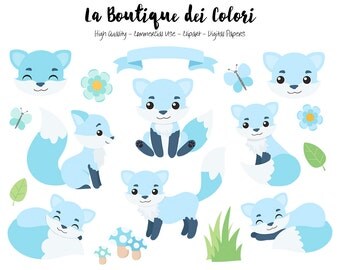 Blue Fox Clipart, Cute Digital Graphics PNG, Boy Foxes, Autumn, Forest, Woodland Animals Clip art, Planner Stickers Commercial Use