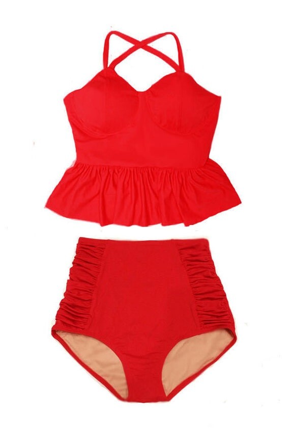 Red Long Peplum Tankini Top and Ruched Rouched High Waist