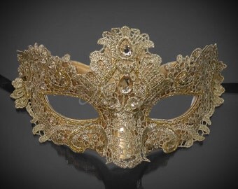 Gold Masquerade Mask, Masquerade Mask, Brocade Lace Mask, Gold Mask with Jewels