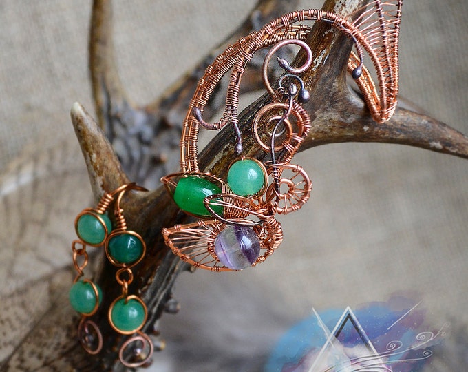 Set "Spring tree" Ear cuff and earrings |wire wrap earcuff, copper jewelry, gift for woman, natural gemstone, copper ear cuffs, boho style