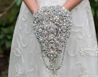 Custom Made Brides Brooch Bouquet Ref 39 Cascading Shower Wedding Teardrop Handmade "Crystal Pink"