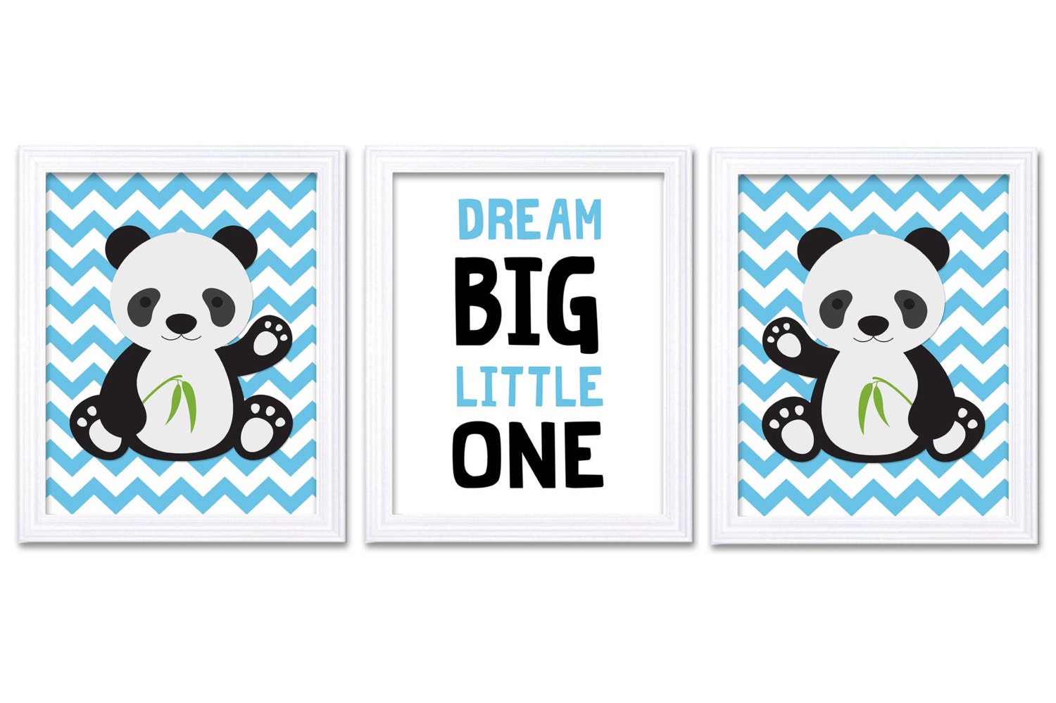 Panda Nursery Art Set of 3 Print Blue Black Grey Gray Dream Big Little One Child Kid Room Nursery Wa