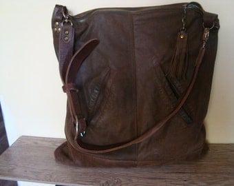 brown recycled leather bag///vintage leather belt
