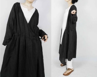 421-Linen Wrap Dress / Coat / Jacket, Dark Gray Linen Twill Outerwear.