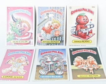 Six Garbage Pail Kids Cards - Vtg Topps GPK Stickers 1986 - Semi Colin Ruptured Rupert Pinned Penny Meltin Milton Blurry Blair Connie Sewer