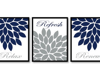 Bathroom Wall Decor Navy Blue White Grey Chrysanthemum Flower Print Set of 3 Relax Refresh Renew Art Print Bedroom Modern Minimalist