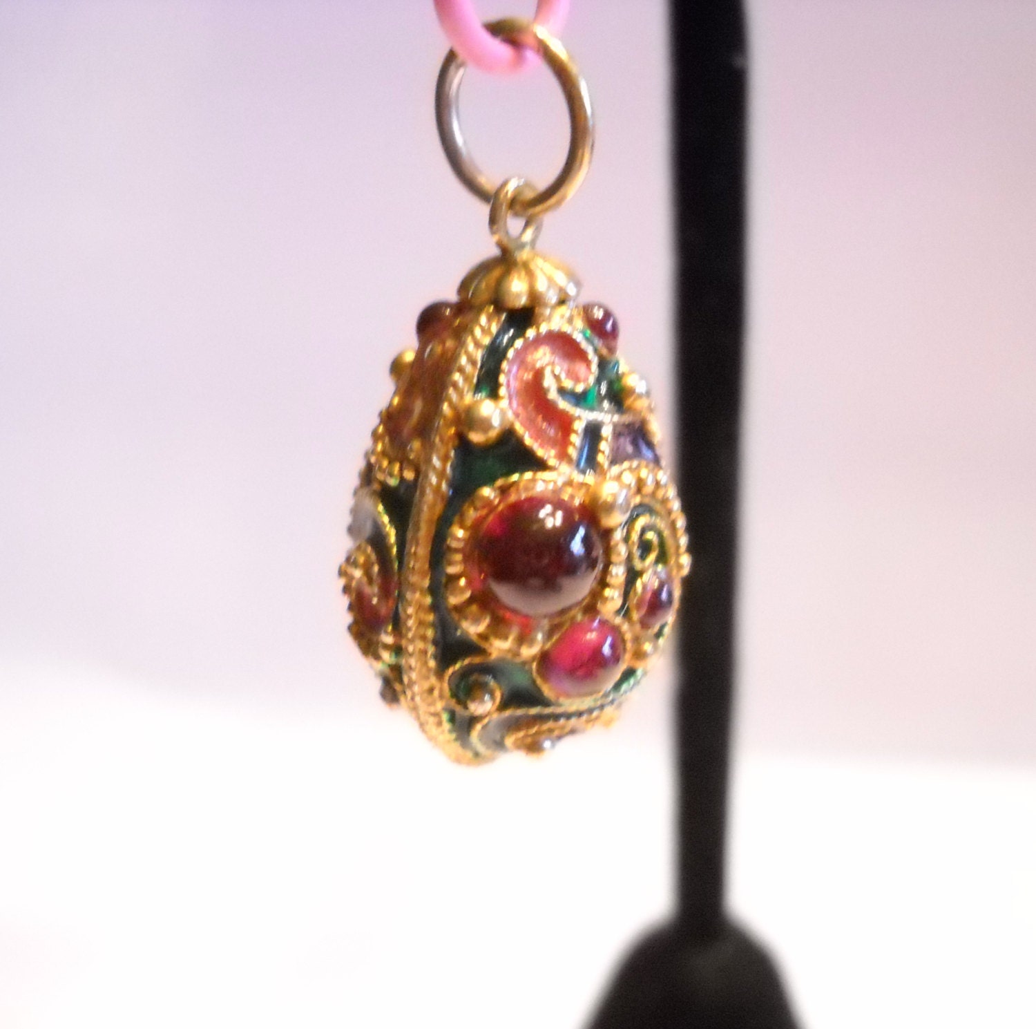 Jeweled Enamel Egg Pendant Vintage Charm Enamel Gold Tone