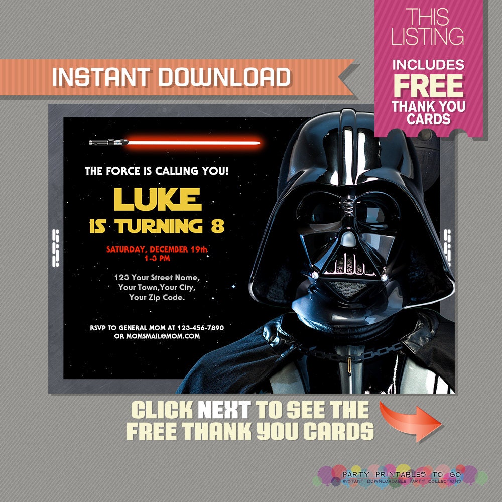 star wars party printable invitation with free thank you card