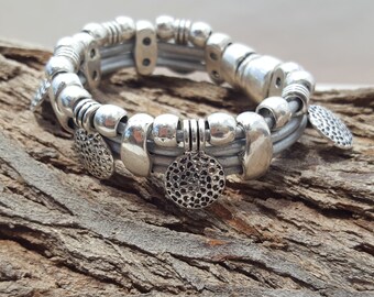 beaded leather Bracelet, coins, magnetic closure
