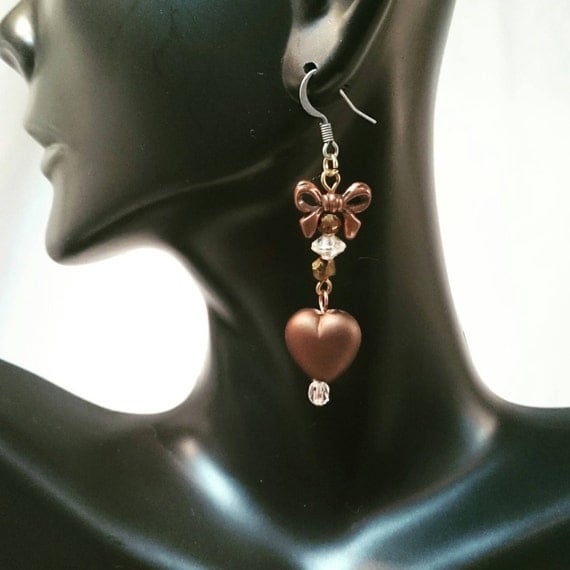 Items similar to Bronze Bow and Heart Drop Earrings Bridesmaid Earrings
