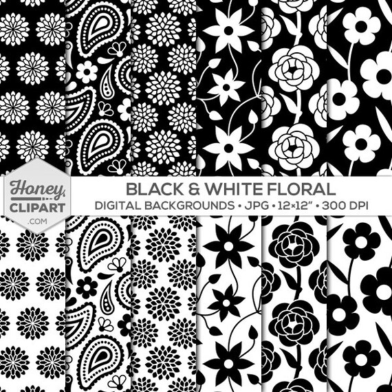 Black and white floral digital paper patterns. Flower