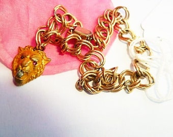 1890s VICTORIAN 12k Rose Gold Fill Antique Bracelet Yellow GF LION Head Charm w Ruby Eyes