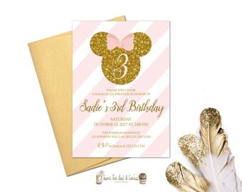 Pink and Gold Minnie Mouse Birthday Invitation Blush Pink and Gold Glitter Girls Kids Toddler First Birthday Digital File or Prints