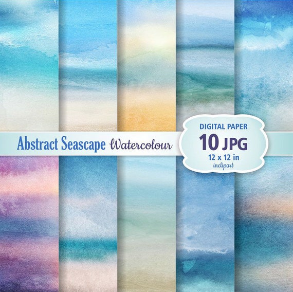Abstract Seascape Watercolour Digital Paper Clip Art. Set of