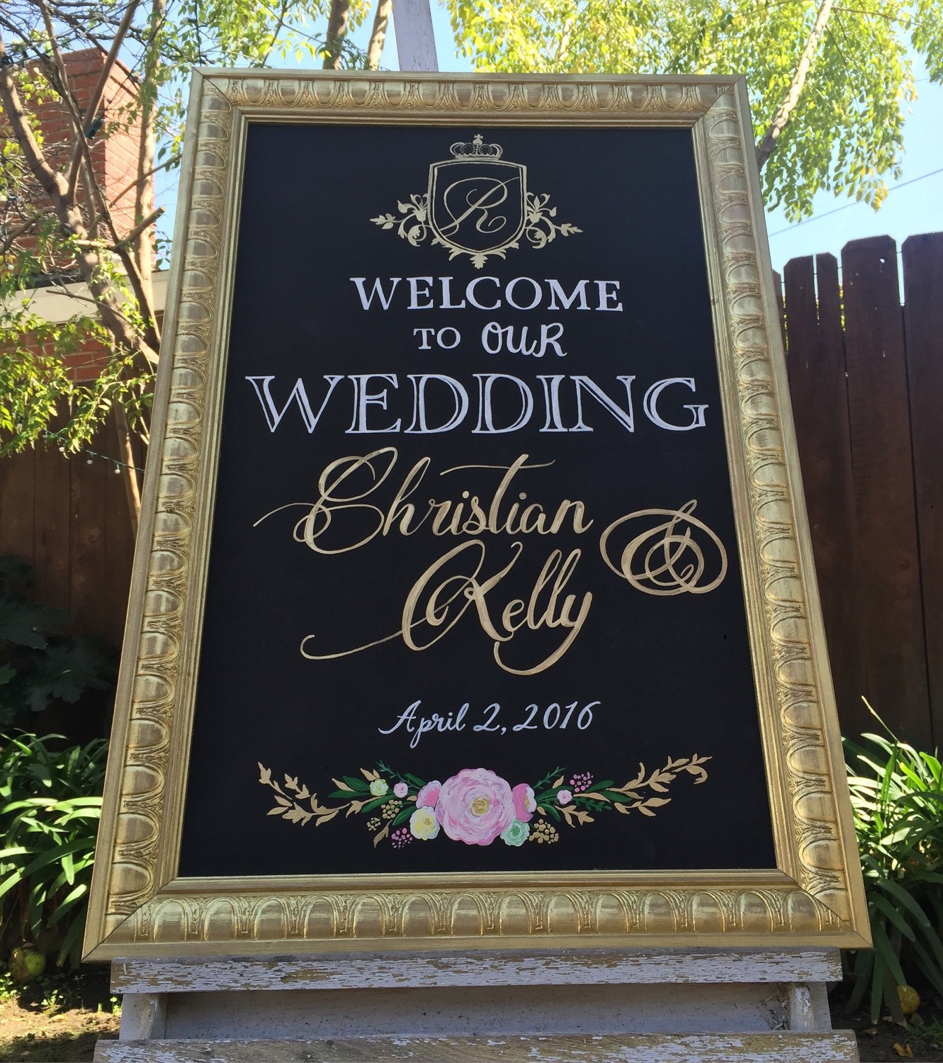 Welcome wedding sign framed chalk art with gold frame