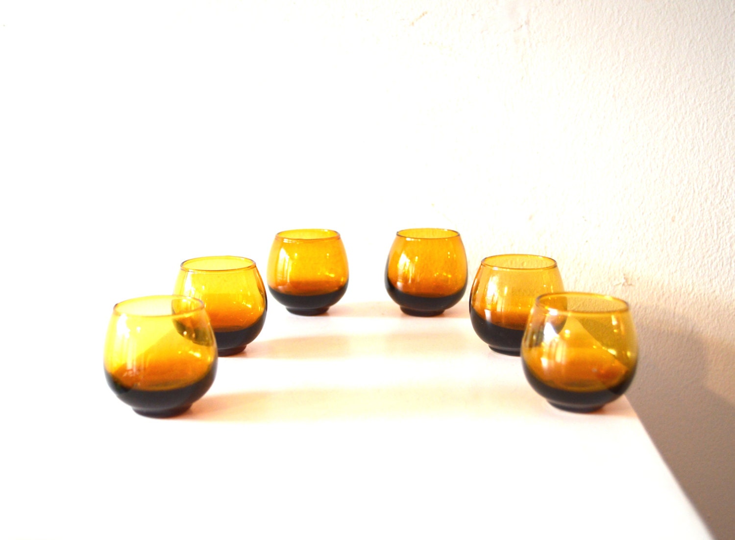 Small Vintage Amber Glasses/ Vintage Tiny Amber Shot Glass Set