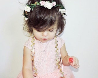 Baby Flower Crown - Ivory, Pink, Gold, Flower Girl Crown, Baby Halo, Bridal Flower Crown, Baby Photo Prop, Boho Flower Crown, Boho Halo