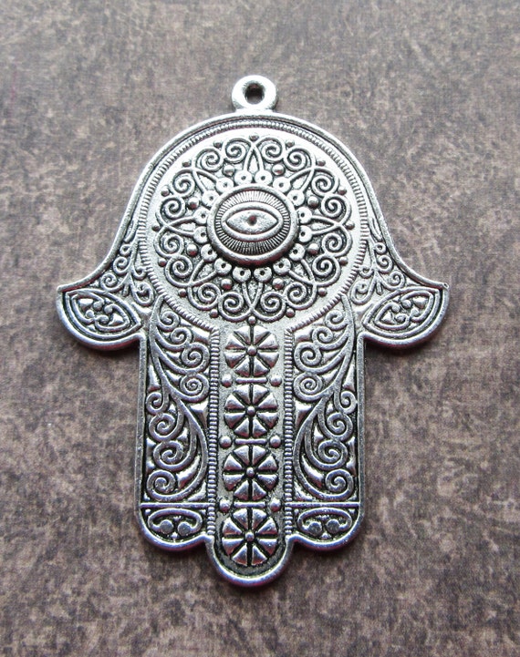 Detailed Antique Silver Large Hamsa Hand Evil Eye Pendant