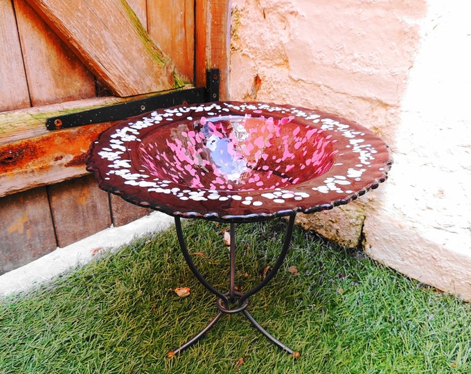 Round pink fused glass bird bath, floating candle holder on wrought iron stand, fruit dish. Decorative dish. Ornamental bowl. Wedding gift