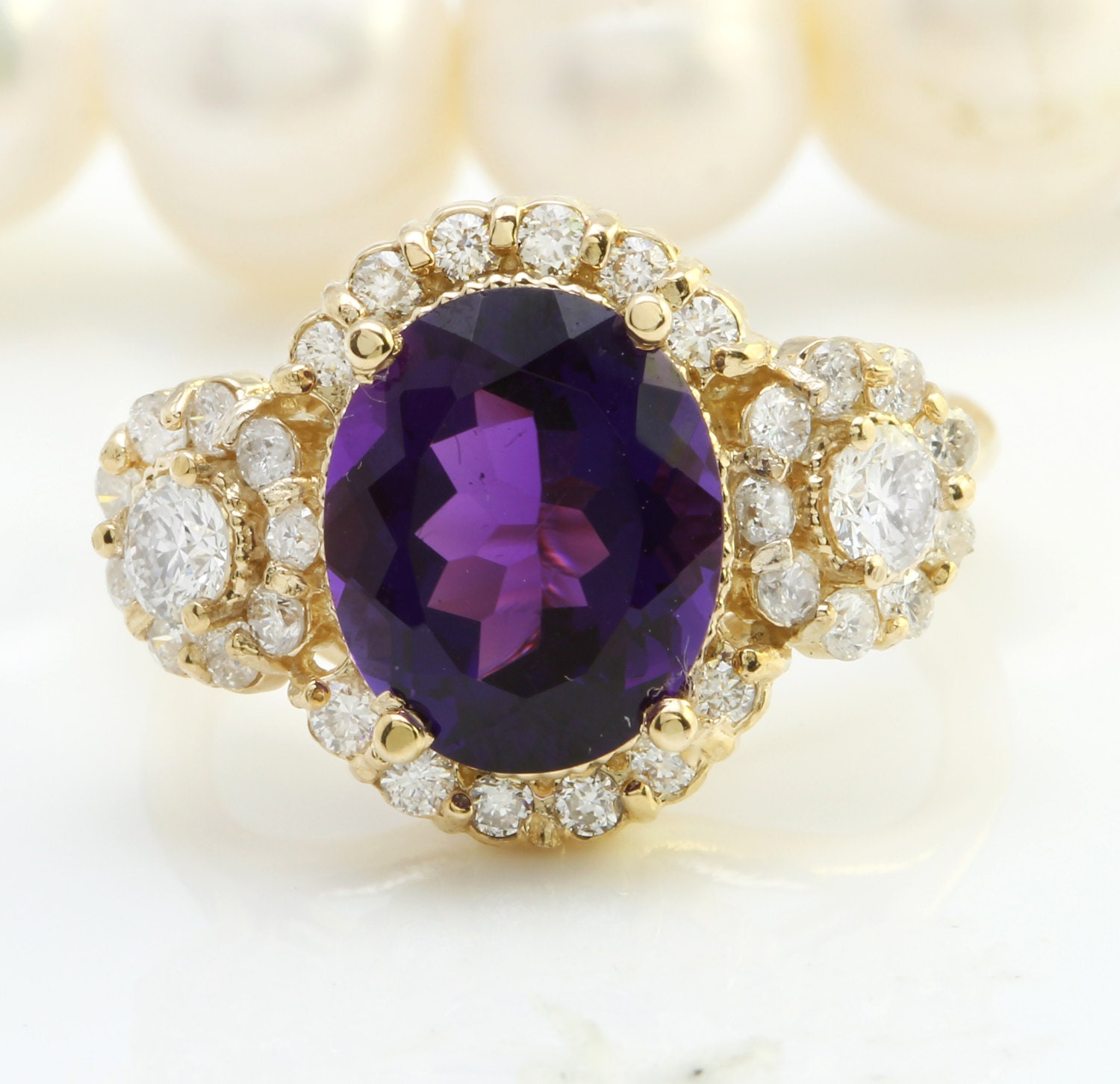 4.54CTW Natural Purple Amethyst & Diamonds in 14K Solid Yellow