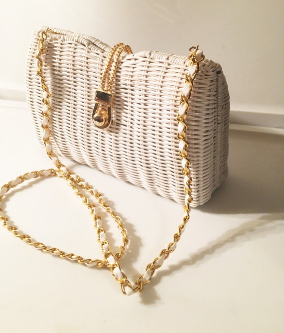 White Wicker Styled Handbag Crossbody Purse Gold Metal